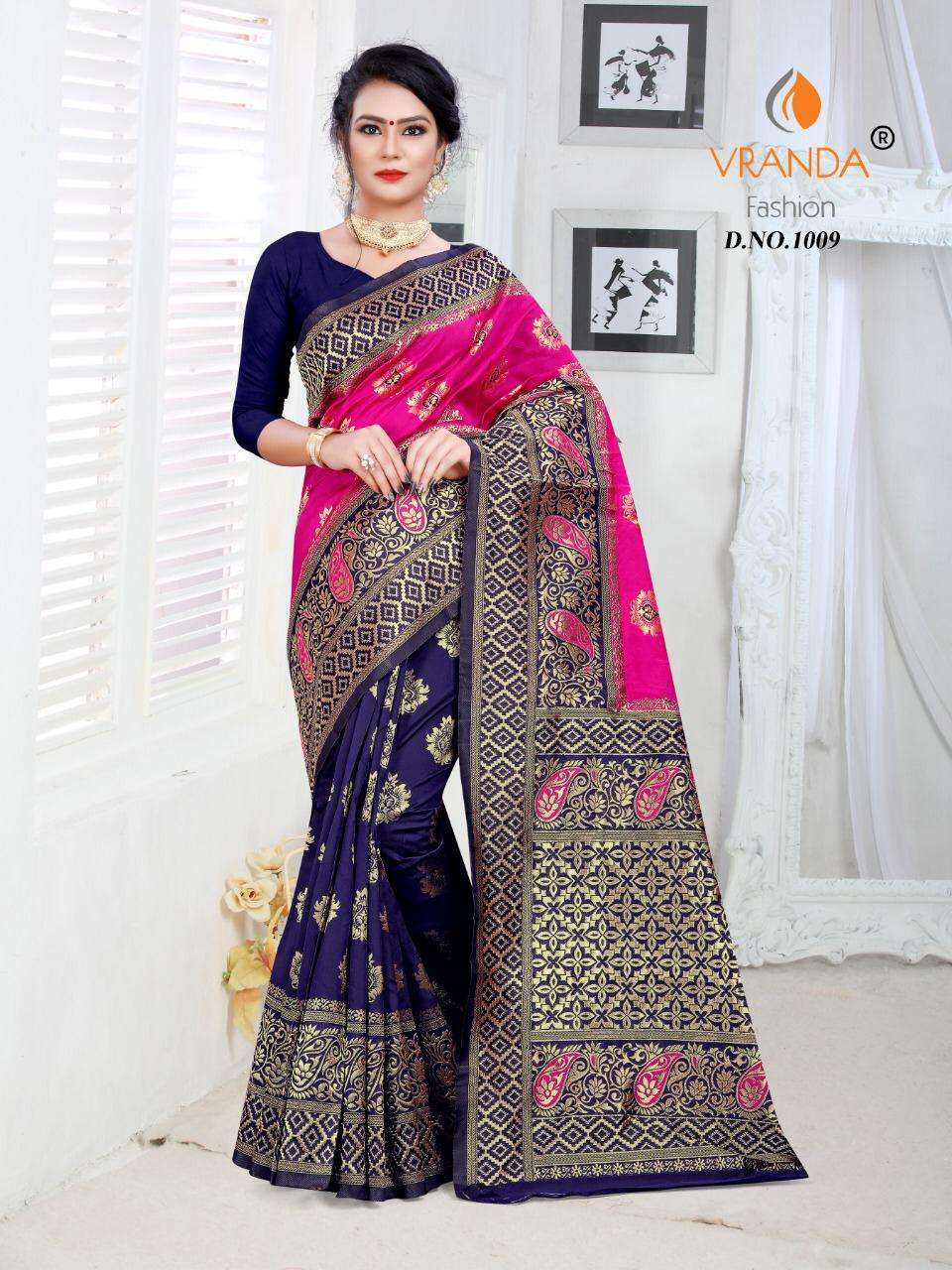 VRANDA 1001 SERIES BY VRANDA FASHION 1001 TO 1012 SERIES INDIAN TRADITIONAL WEAR COLLECTION BEAUTIFUL STYLISH FANCY COLORFUL PARTY WEAR & OCCASIONAL WEAR BANARASI SILK SAREES AT WHOLESALE PRICE