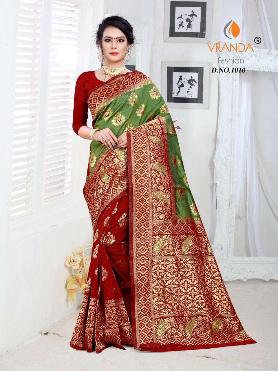 VRANDA 1001 SERIES BY VRANDA FASHION 1001 TO 1012 SERIES INDIAN TRADITIONAL WEAR COLLECTION BEAUTIFUL STYLISH FANCY COLORFUL PARTY WEAR & OCCASIONAL WEAR BANARASI SILK SAREES AT WHOLESALE PRICE