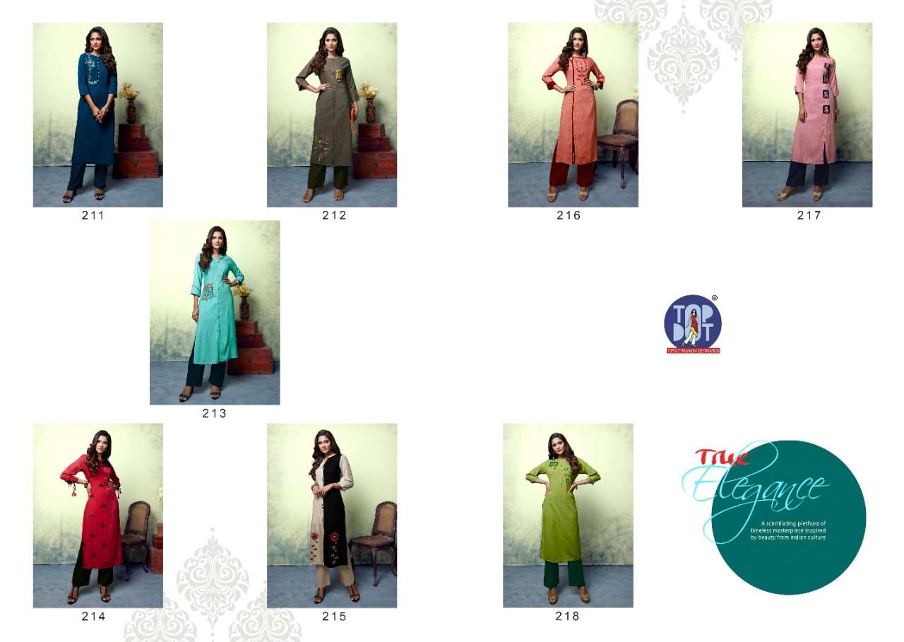 SHEEN BY TOP DOT 211 TO 218 SERIES BEAUTIFUL STYLISH FANCY COLORFUL CASUAL WEAR & ETHNIC WEAR & READY TO WEAR HANDLOOM RAYON/COTTON EMBROIDERED KURTIS AT WHOLESALE PRICE