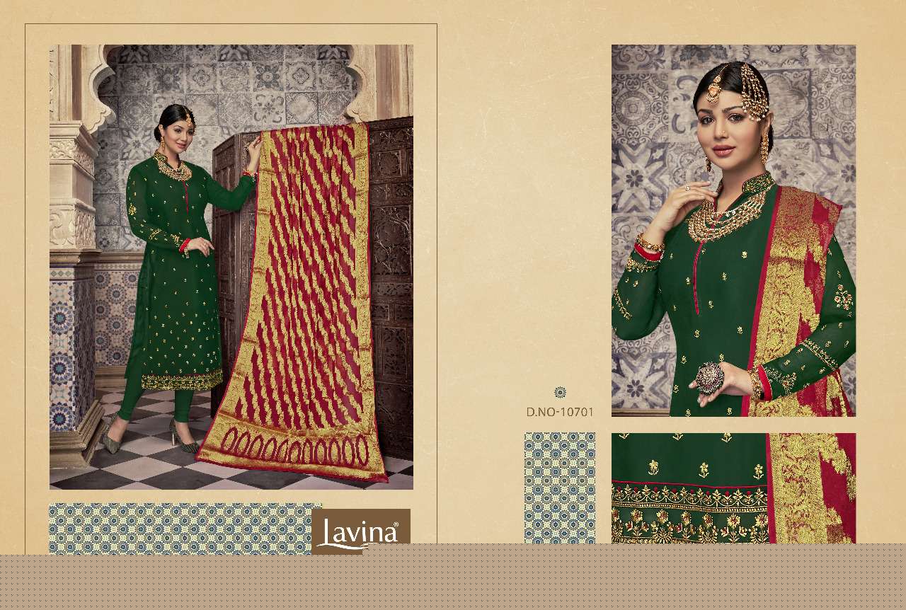 LAVINA VOL-107 BY LAVINA 10701 TO 10705 SERIES BEAUTIFUL SUITS STYLISH FANCY COLORFUL PARTY WEAR & OCCASIONAL WEAR SATIN GEORGETTE WITH EMBROIDERY WORK DRESSES AT WHOLESALE PRICE