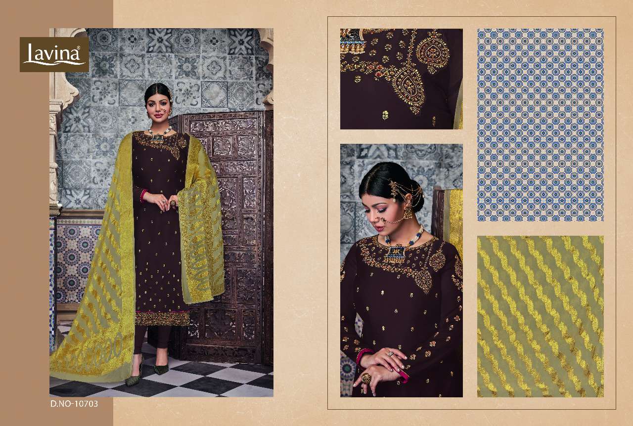 LAVINA VOL-107 BY LAVINA 10701 TO 10705 SERIES BEAUTIFUL SUITS STYLISH FANCY COLORFUL PARTY WEAR & OCCASIONAL WEAR SATIN GEORGETTE WITH EMBROIDERY WORK DRESSES AT WHOLESALE PRICE