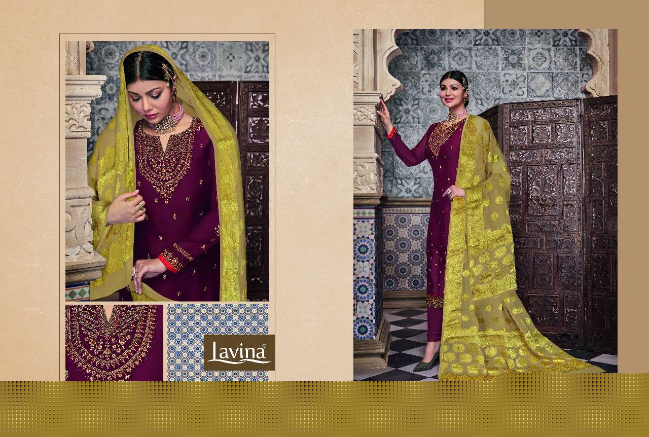 LAVINA VOL-107 BY LAVINA 10701 TO 10705 SERIES BEAUTIFUL SUITS STYLISH FANCY COLORFUL PARTY WEAR & OCCASIONAL WEAR SATIN GEORGETTE WITH EMBROIDERY WORK DRESSES AT WHOLESALE PRICE