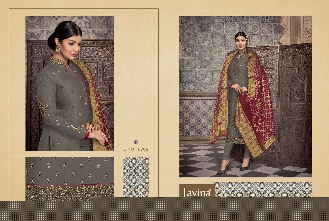 LAVINA VOL-107 BY LAVINA 10701 TO 10705 SERIES BEAUTIFUL SUITS STYLISH FANCY COLORFUL PARTY WEAR & OCCASIONAL WEAR SATIN GEORGETTE WITH EMBROIDERY WORK DRESSES AT WHOLESALE PRICE