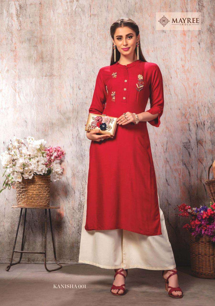 KANISHA BY MAYREE 001 TO 008 SERIES BEAUTIFUL BEAUTIFUL STYLISH FANCY COLORFUL CASUAL WEAR & ETHNIC WEAR READY TO WEAR RAYON EMBROIDERED KURTIS AT WHOLESALE PRICE