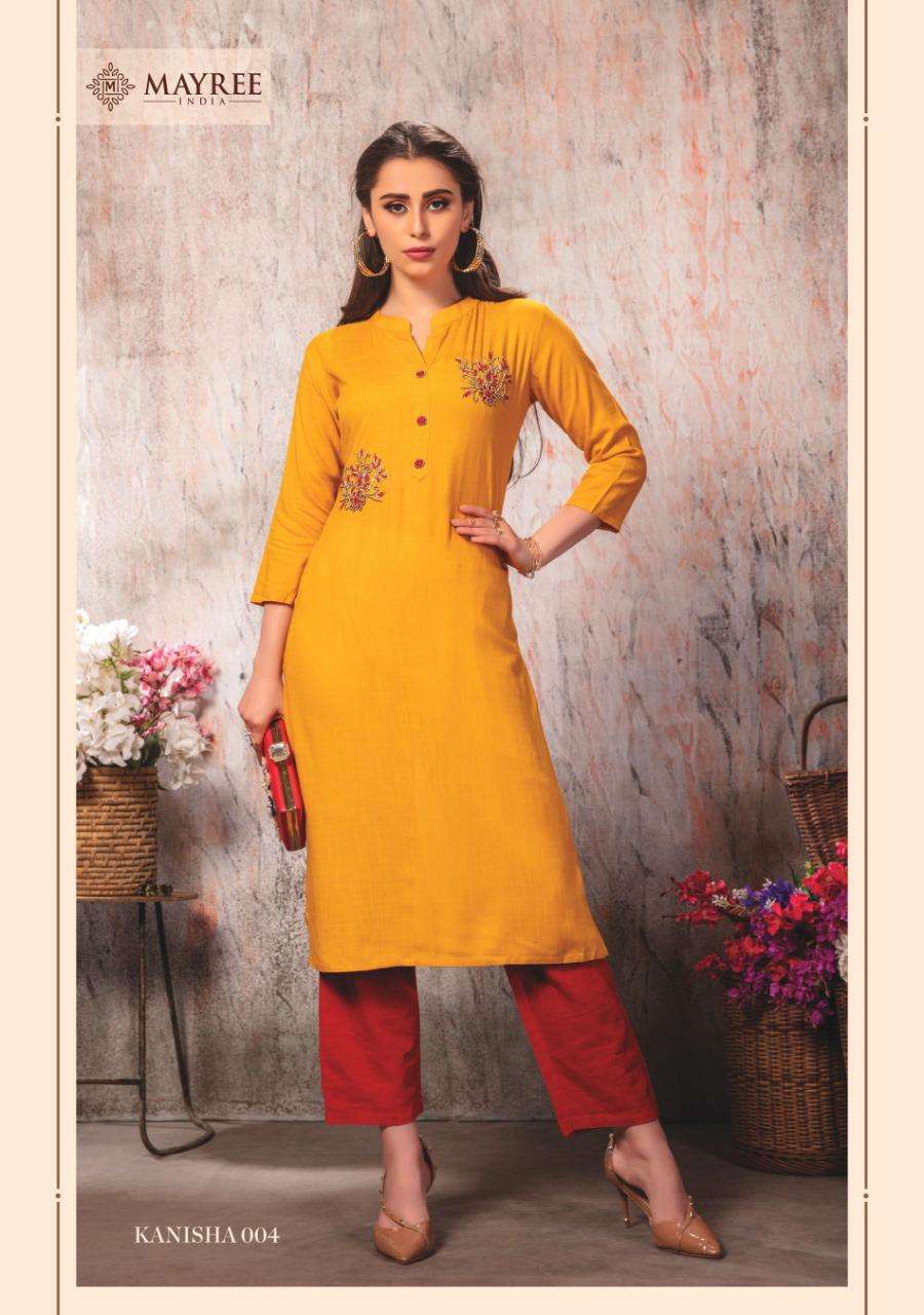 KANISHA BY MAYREE 001 TO 008 SERIES BEAUTIFUL BEAUTIFUL STYLISH FANCY COLORFUL CASUAL WEAR & ETHNIC WEAR READY TO WEAR RAYON EMBROIDERED KURTIS AT WHOLESALE PRICE
