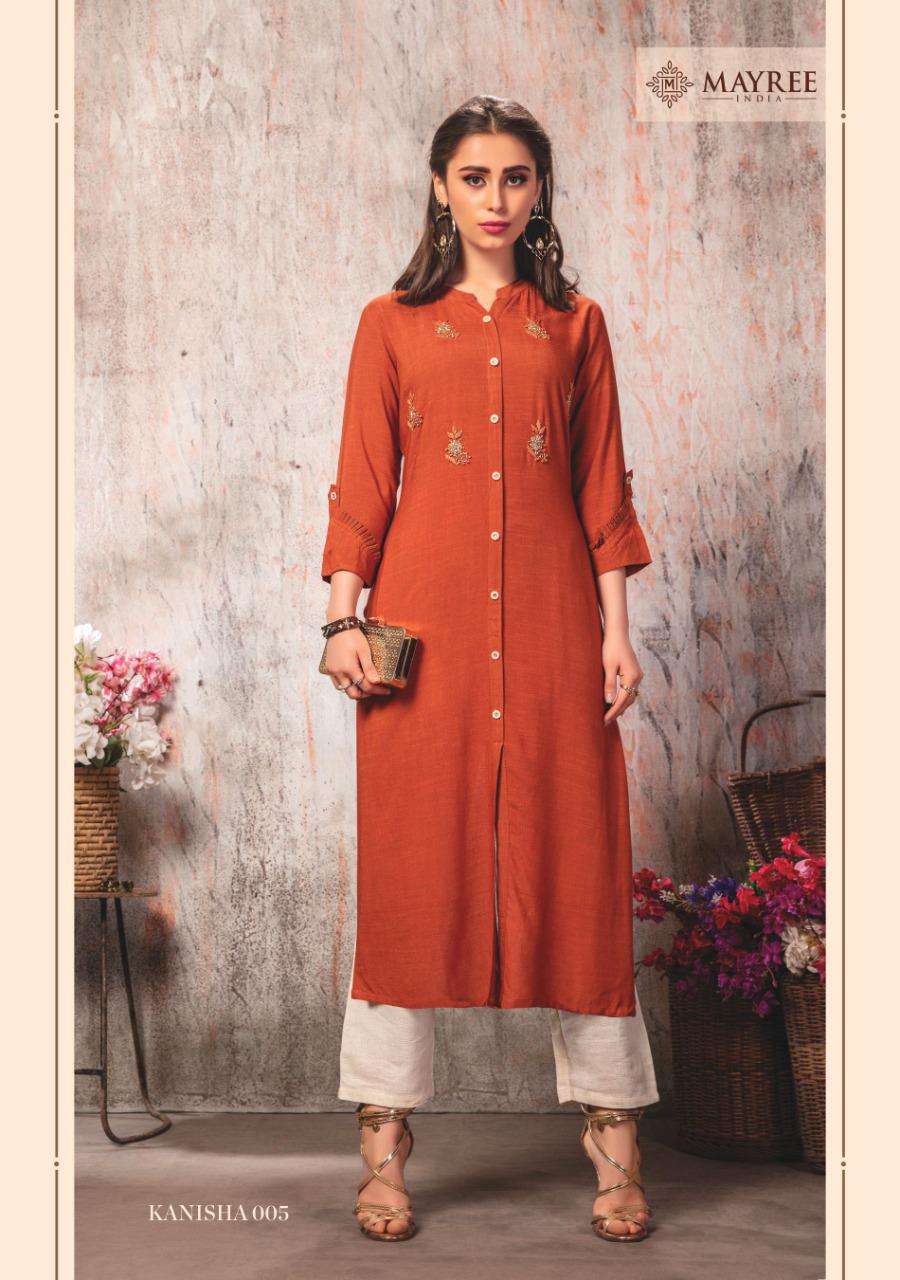 KANISHA BY MAYREE 001 TO 008 SERIES BEAUTIFUL BEAUTIFUL STYLISH FANCY COLORFUL CASUAL WEAR & ETHNIC WEAR READY TO WEAR RAYON EMBROIDERED KURTIS AT WHOLESALE PRICE