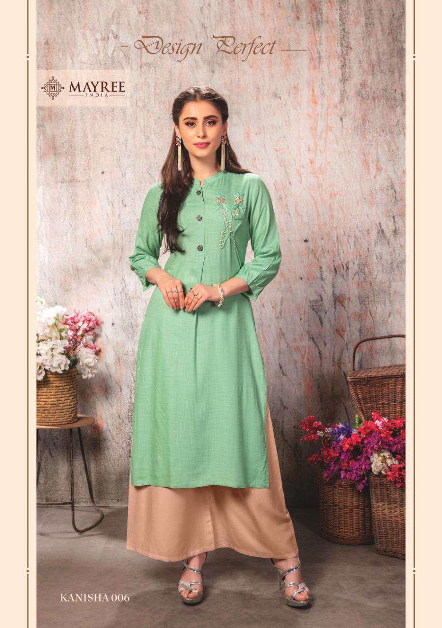 KANISHA BY MAYREE 001 TO 008 SERIES BEAUTIFUL BEAUTIFUL STYLISH FANCY COLORFUL CASUAL WEAR & ETHNIC WEAR READY TO WEAR RAYON EMBROIDERED KURTIS AT WHOLESALE PRICE