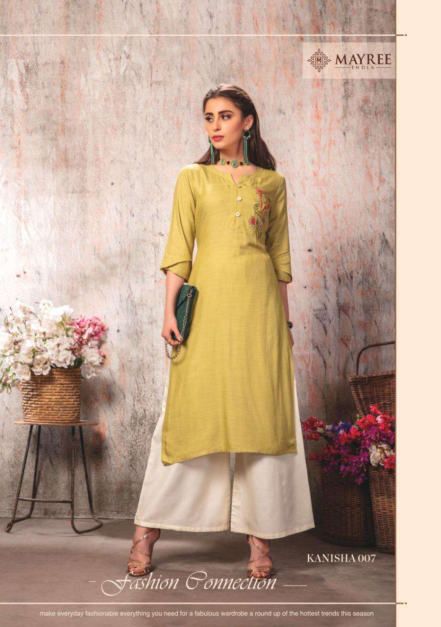 KANISHA BY MAYREE 001 TO 008 SERIES BEAUTIFUL BEAUTIFUL STYLISH FANCY COLORFUL CASUAL WEAR & ETHNIC WEAR READY TO WEAR RAYON EMBROIDERED KURTIS AT WHOLESALE PRICE