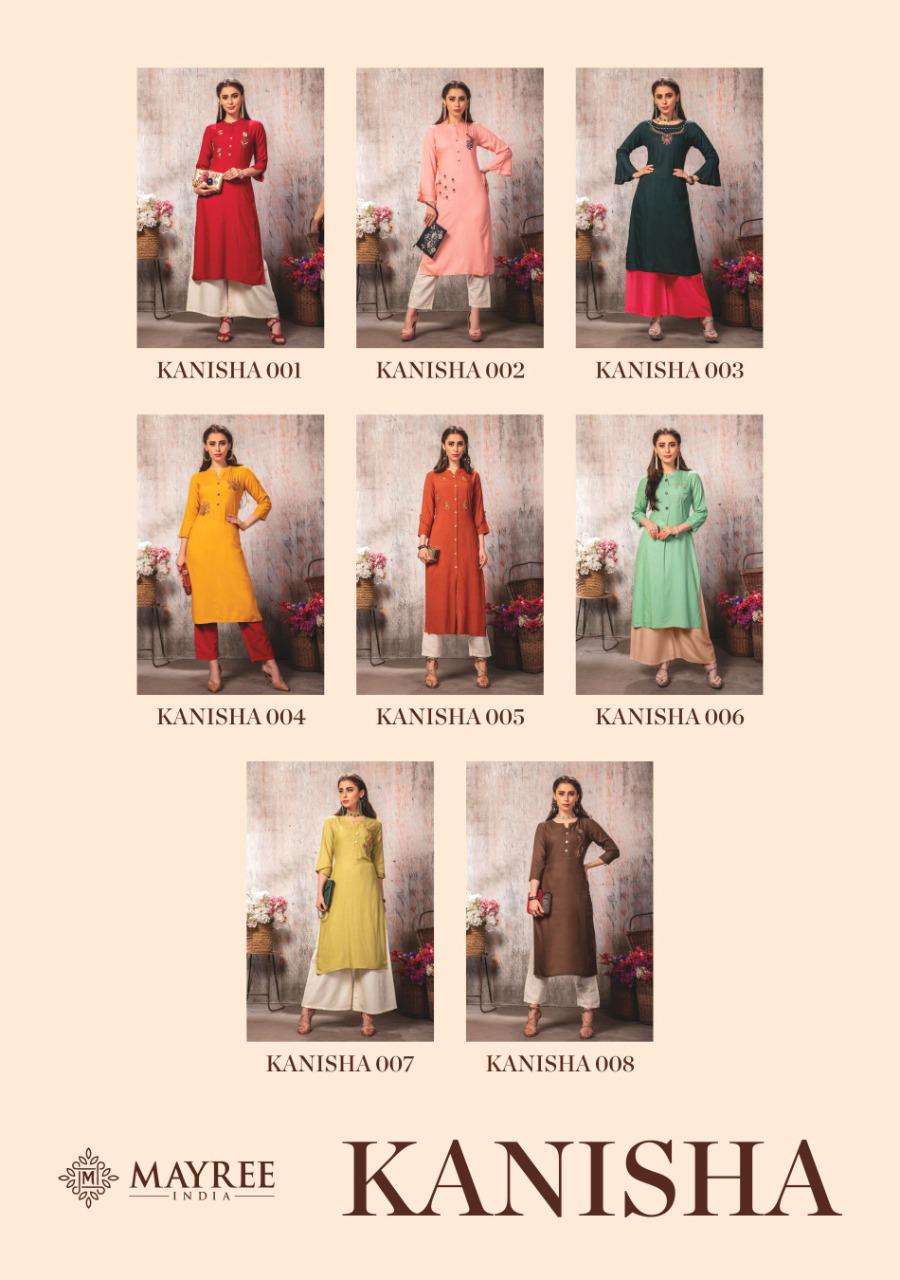 KANISHA BY MAYREE 001 TO 008 SERIES BEAUTIFUL BEAUTIFUL STYLISH FANCY COLORFUL CASUAL WEAR & ETHNIC WEAR READY TO WEAR RAYON EMBROIDERED KURTIS AT WHOLESALE PRICE