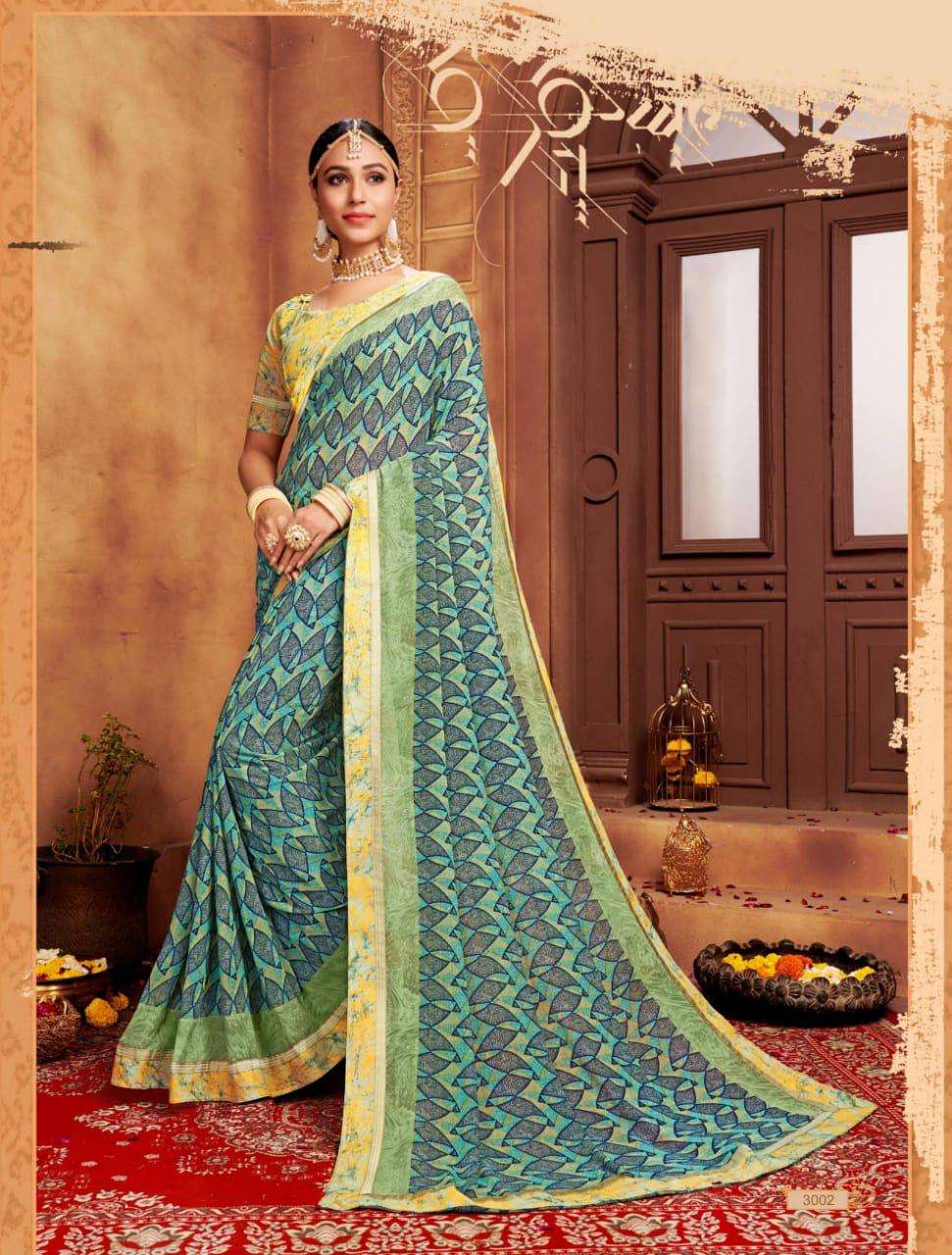 GHOOMAR VOL-3 BY VRANDA FASHION 3001 TO 3012 SERIES INDIAN TRADITIONAL WEAR COLLECTION BEAUTIFUL STYLISH FANCY COLORFUL PARTY WEAR & OCCASIONAL WEAR GEORGETTE PRINTED SAREES AT WHOLESALE PRICE