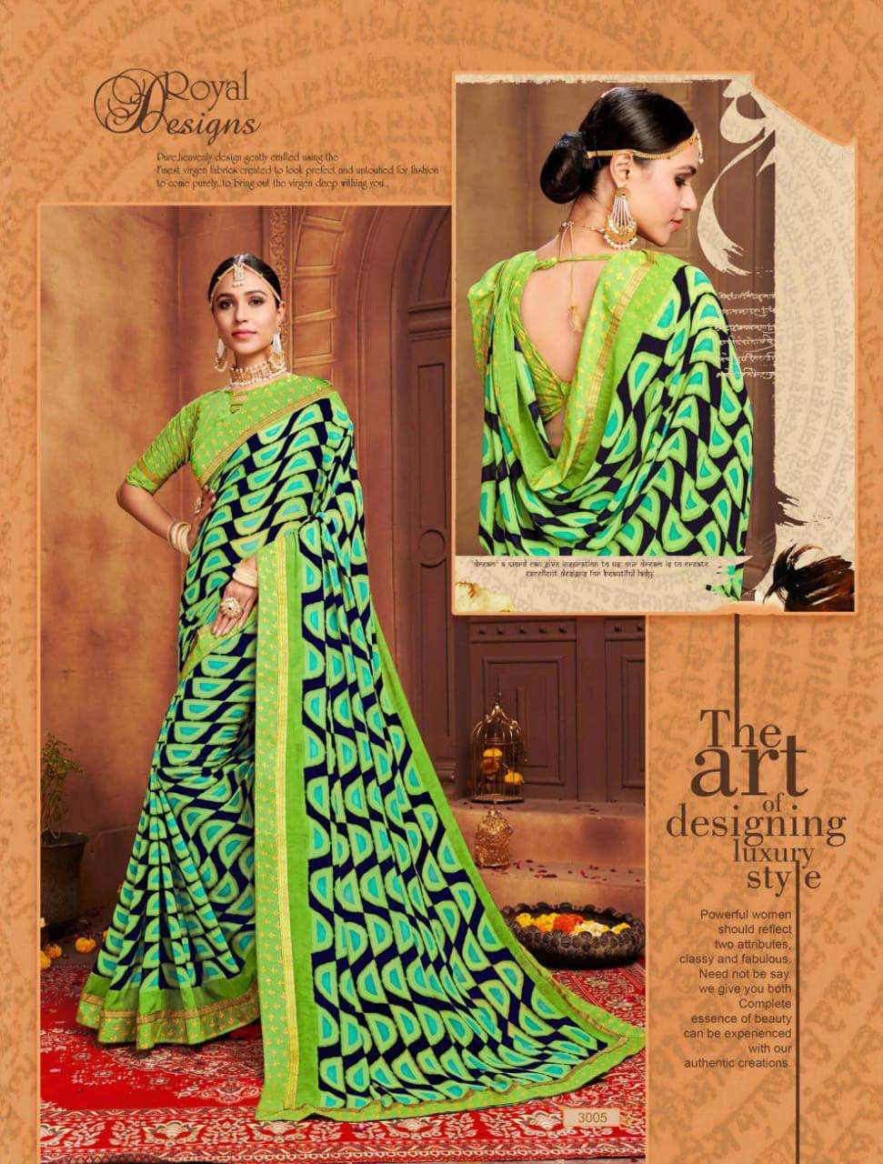 GHOOMAR VOL-3 BY VRANDA FASHION 3001 TO 3012 SERIES INDIAN TRADITIONAL WEAR COLLECTION BEAUTIFUL STYLISH FANCY COLORFUL PARTY WEAR & OCCASIONAL WEAR GEORGETTE PRINTED SAREES AT WHOLESALE PRICE