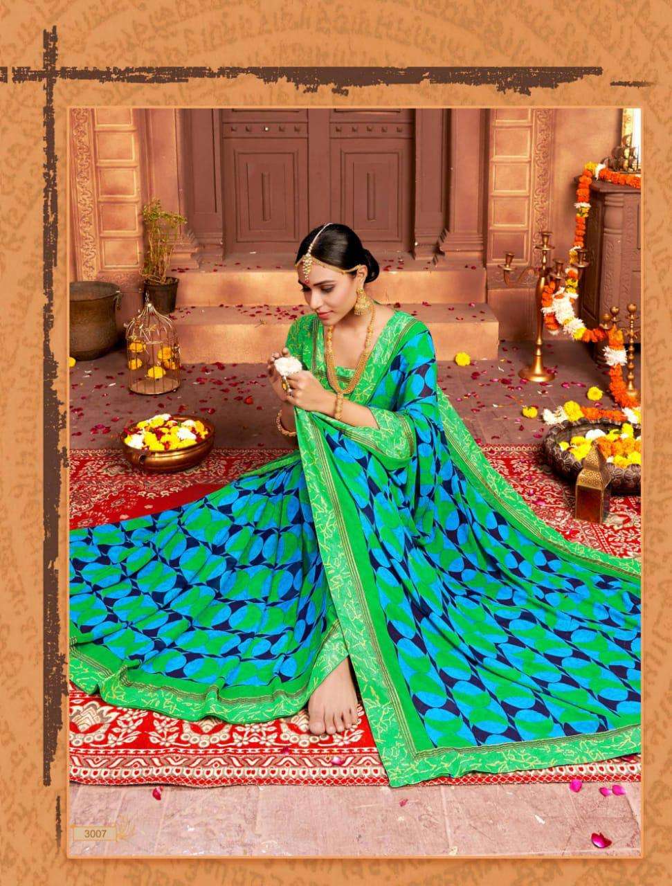 GHOOMAR VOL-3 BY VRANDA FASHION 3001 TO 3012 SERIES INDIAN TRADITIONAL WEAR COLLECTION BEAUTIFUL STYLISH FANCY COLORFUL PARTY WEAR & OCCASIONAL WEAR GEORGETTE PRINTED SAREES AT WHOLESALE PRICE