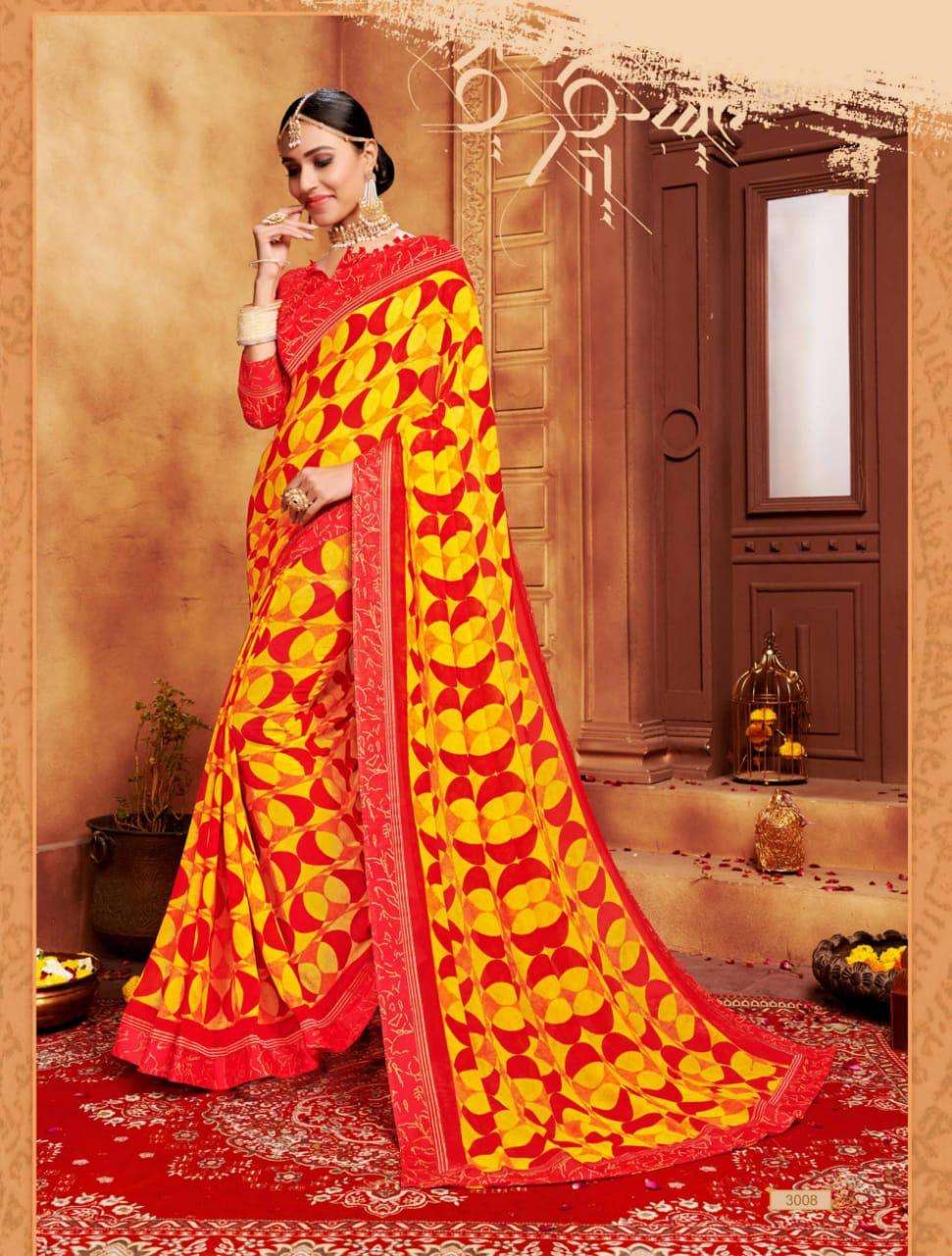 GHOOMAR VOL-3 BY VRANDA FASHION 3001 TO 3012 SERIES INDIAN TRADITIONAL WEAR COLLECTION BEAUTIFUL STYLISH FANCY COLORFUL PARTY WEAR & OCCASIONAL WEAR GEORGETTE PRINTED SAREES AT WHOLESALE PRICE