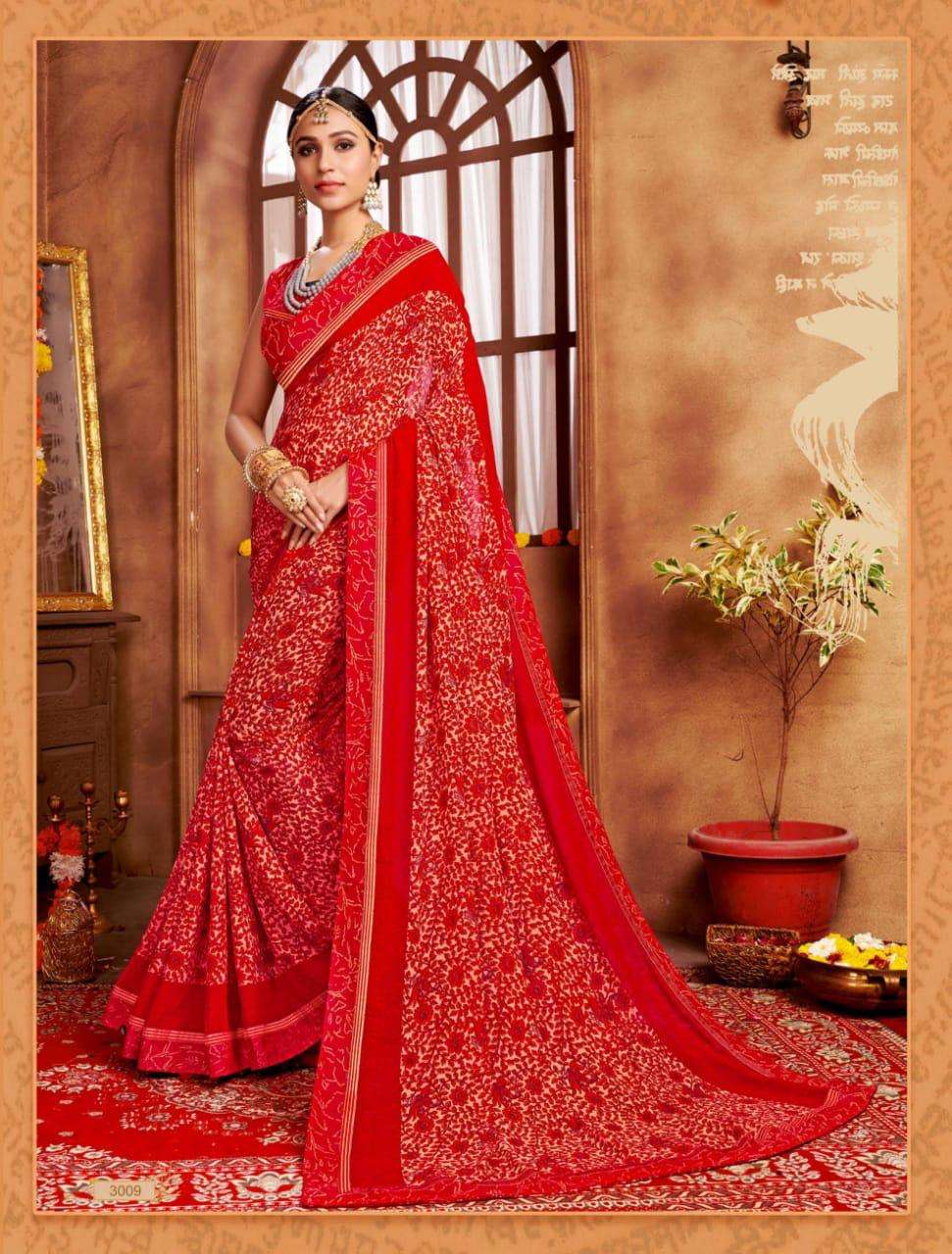 GHOOMAR VOL-3 BY VRANDA FASHION 3001 TO 3012 SERIES INDIAN TRADITIONAL WEAR COLLECTION BEAUTIFUL STYLISH FANCY COLORFUL PARTY WEAR & OCCASIONAL WEAR GEORGETTE PRINTED SAREES AT WHOLESALE PRICE