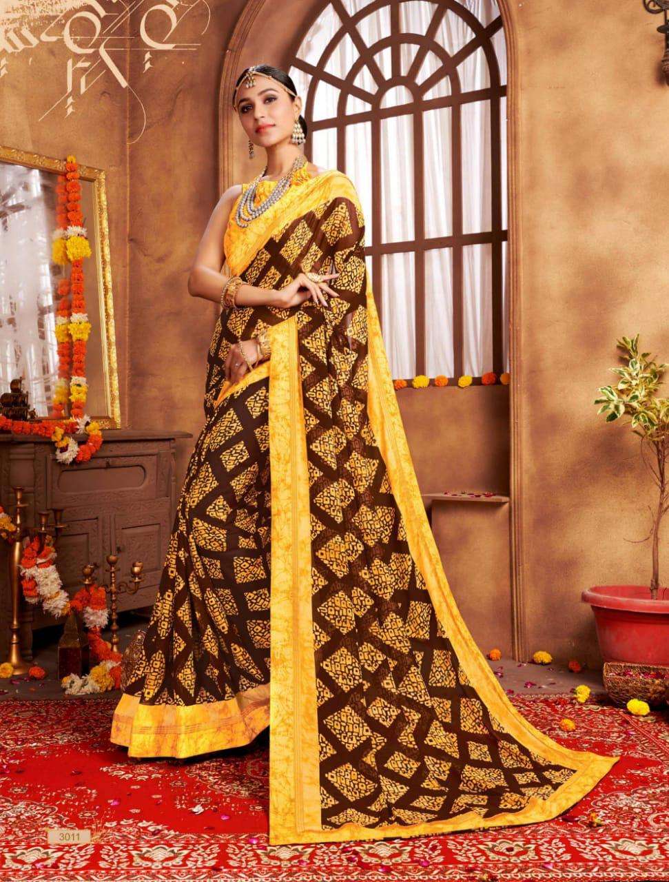 GHOOMAR VOL-3 BY VRANDA FASHION 3001 TO 3012 SERIES INDIAN TRADITIONAL WEAR COLLECTION BEAUTIFUL STYLISH FANCY COLORFUL PARTY WEAR & OCCASIONAL WEAR GEORGETTE PRINTED SAREES AT WHOLESALE PRICE