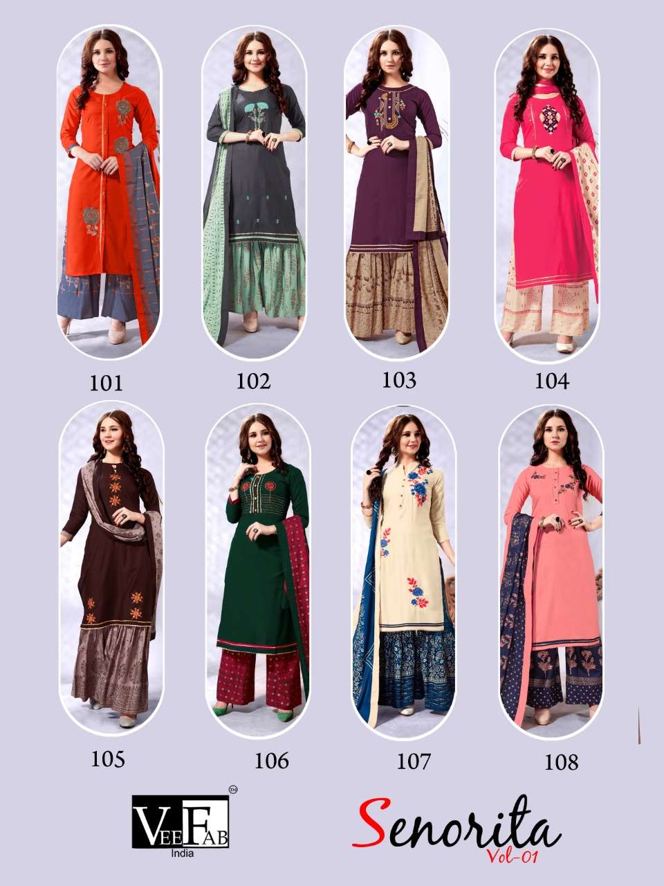 SENORITA VOL-1 BY VEE FAB 101 TO 108 SERIES DESIGNER SHARARA SUITS BEAUTIFUL STYLISH FANCY COLORFUL PARTY WEAR & OCCASIONAL WEAR RAYON EMBROIDERY DRESSES AT WHOLESALE PRICE