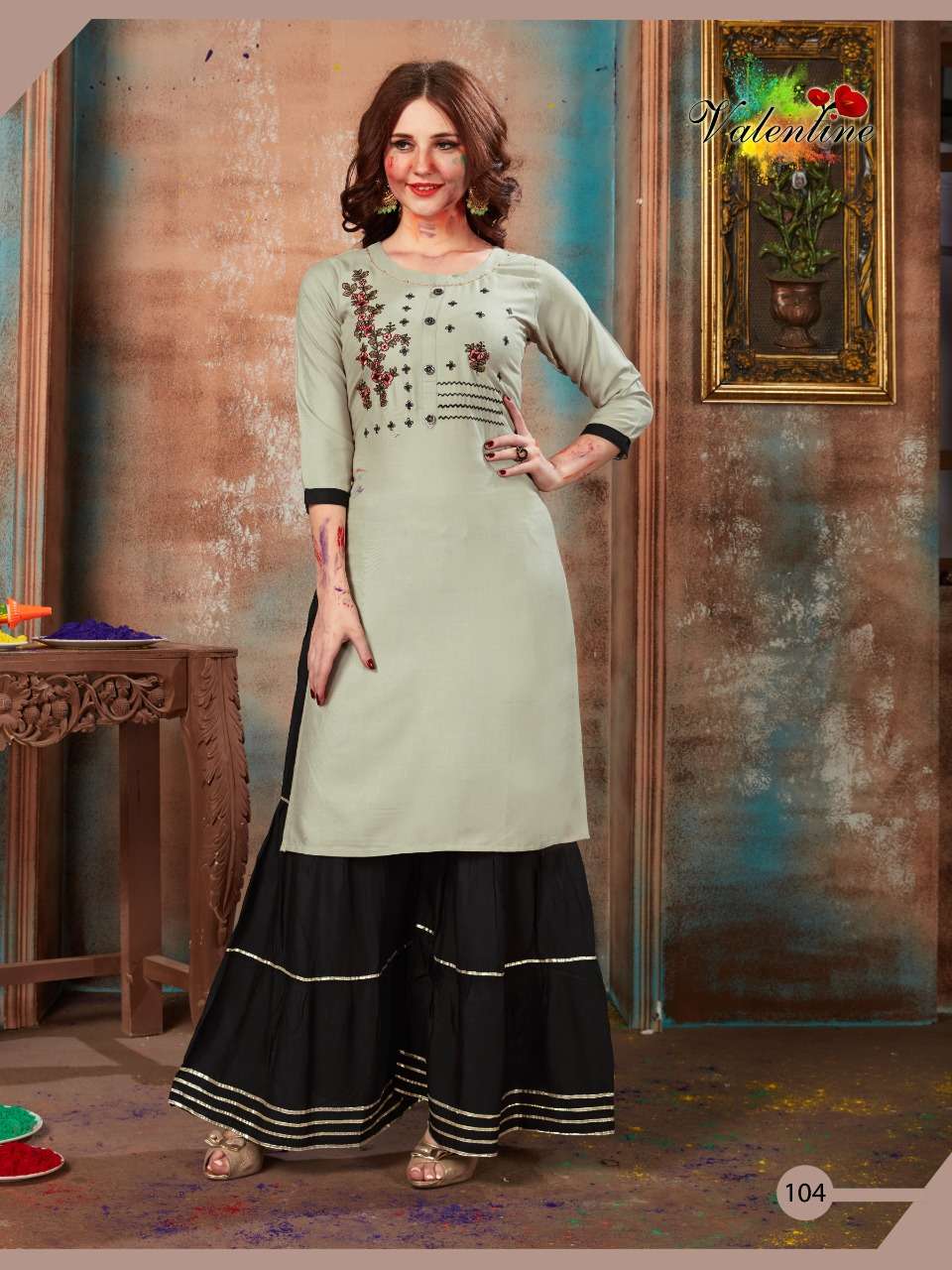 RANGOLI VOL-1 BY VALENTINE 101 TO 108 SERIES BEAUTIFUL COLORFUL STYLISH FANCY CASUAL WEAR & READY TO WEAR PURE HEAVY RAYON PLAIN WITH EMBROIDERY KURTIS WITH BOTTOM AT WHOLESALE PRICE