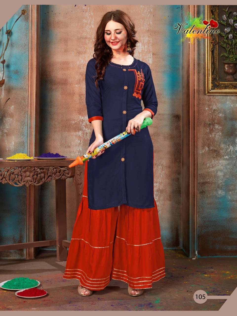 RANGOLI VOL-1 BY VALENTINE 101 TO 108 SERIES BEAUTIFUL COLORFUL STYLISH FANCY CASUAL WEAR & READY TO WEAR PURE HEAVY RAYON PLAIN WITH EMBROIDERY KURTIS WITH BOTTOM AT WHOLESALE PRICE