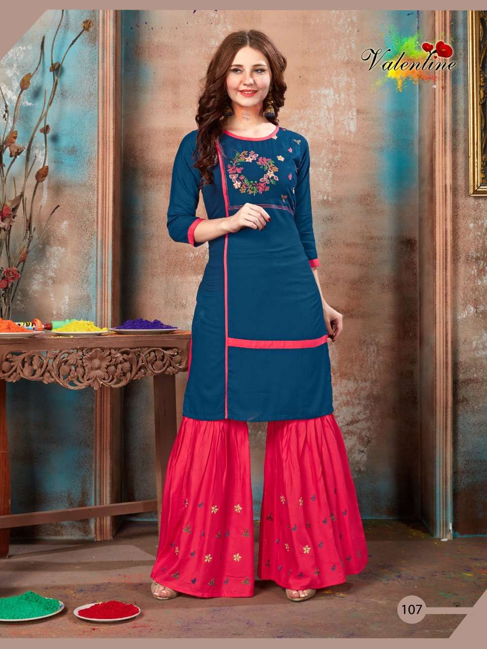 RANGOLI VOL-1 BY VALENTINE 101 TO 108 SERIES BEAUTIFUL COLORFUL STYLISH FANCY CASUAL WEAR & READY TO WEAR PURE HEAVY RAYON PLAIN WITH EMBROIDERY KURTIS WITH BOTTOM AT WHOLESALE PRICE