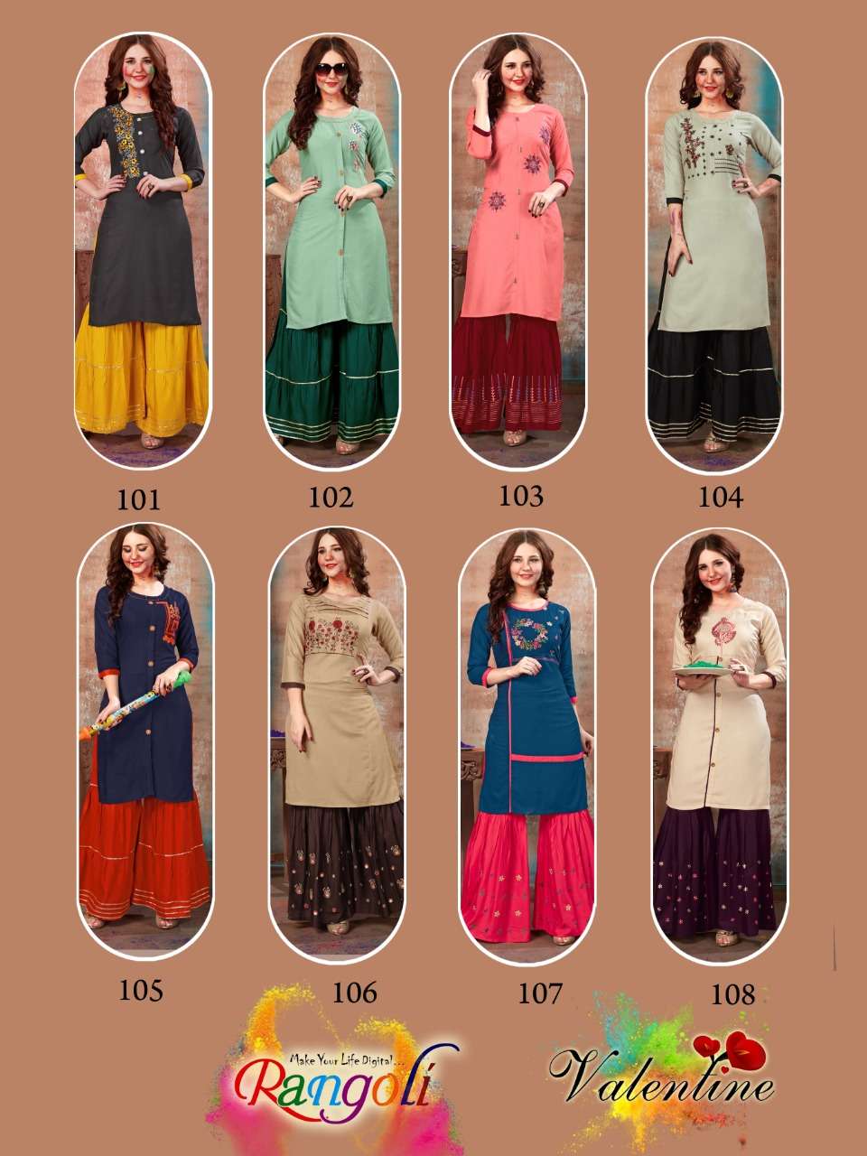 RANGOLI VOL-1 BY VALENTINE 101 TO 108 SERIES BEAUTIFUL COLORFUL STYLISH FANCY CASUAL WEAR & READY TO WEAR PURE HEAVY RAYON PLAIN WITH EMBROIDERY KURTIS WITH BOTTOM AT WHOLESALE PRICE