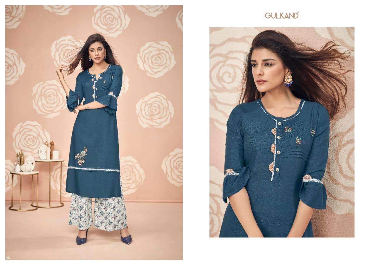 KITAB VOL-4 BY GULKAND 83 TO 90 SERIES STYLISH FANCY BEAUTIFUL COLORFUL CASUAL WEAR & ETHNIC WEAR RAYON SLUB KURTIS WITH BOTTOM AT WHOLESALE PRICE