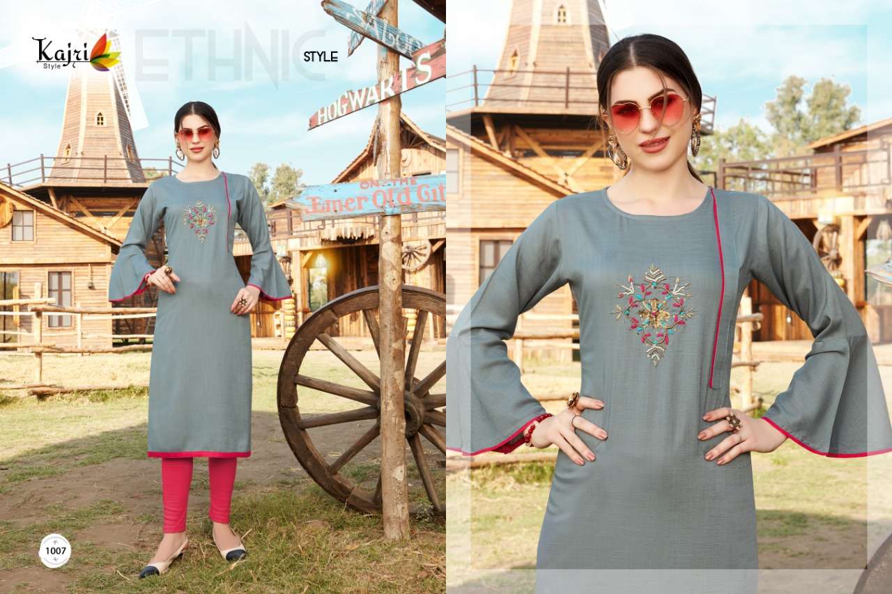 TOUCH WOOD BY KAJRI STYLE 1001 TO 1008 SERIES STYLISH FANCY BEAUTIFUL COLORFUL CASUAL WEAR & ETHNIC WEAR 14 KG HEAVY RAYON KURTIS AT WHOLESALE PRICE