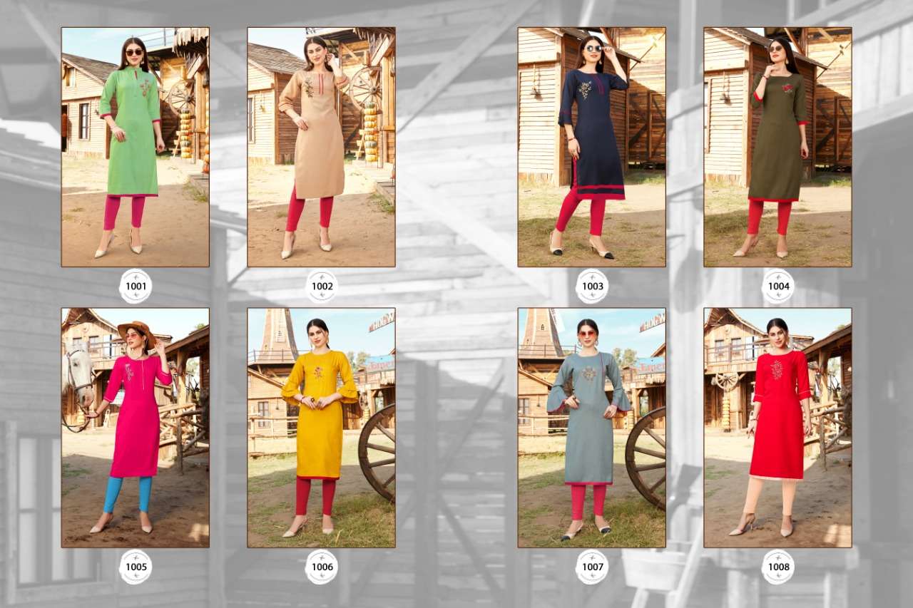 TOUCH WOOD BY KAJRI STYLE 1001 TO 1008 SERIES STYLISH FANCY BEAUTIFUL COLORFUL CASUAL WEAR & ETHNIC WEAR 14 KG HEAVY RAYON KURTIS AT WHOLESALE PRICE