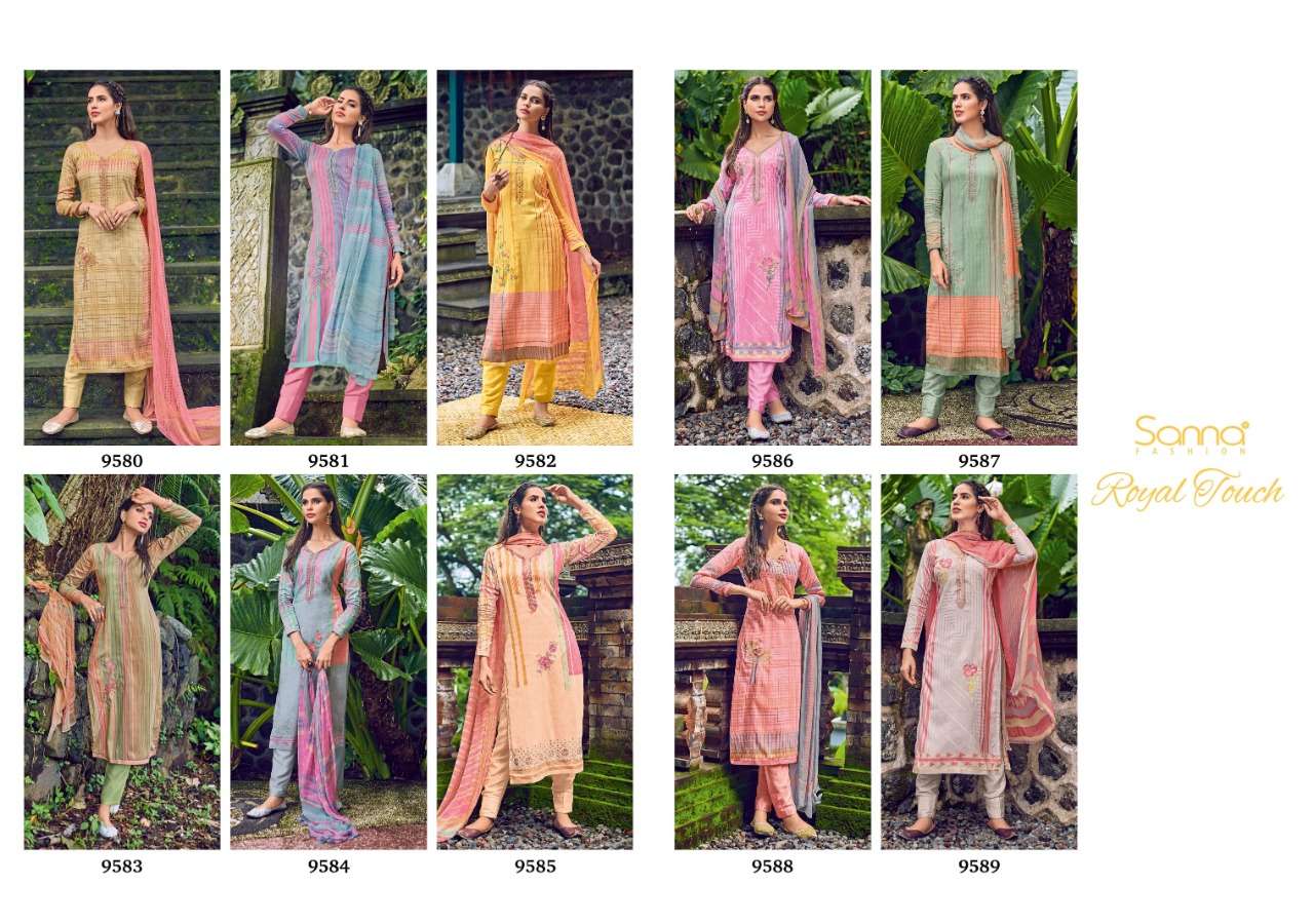ROYAL TOUCH BY SANNA FASHION 9580 TO 9589 SERIES BEAUTIFUL SUITS STYLISH FANCY COLORFUL PARTY WEAR & OCCASIONAL WEAR PURE AZ COTTON JAM SILK DRESSES AT WHOLESALE PRICE
