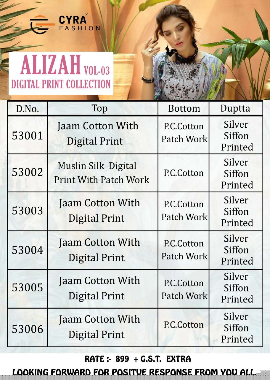 ALIZAH VOL-3 BY CYRA FASHION 53001 TO 53006 SERIES DESIGNER PAKISTANI SUITS BEAUTIFUL STYLISH FANCY COLORFUL PARTY WEAR & OCCASIONAL WEAR JAM COTTON WITH DIGITAL PRINTED DRESSES AT WHOLESALE PRICE