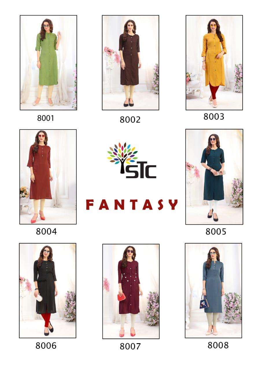 FANTASY BY STC 8001 TO 8008 SERIES STYLISH FANCY BEAUTIFUL COLORFUL CASUAL WEAR & ETHNIC WEAR RAYON LINING KURTIS AT WHOLESALE PRICE