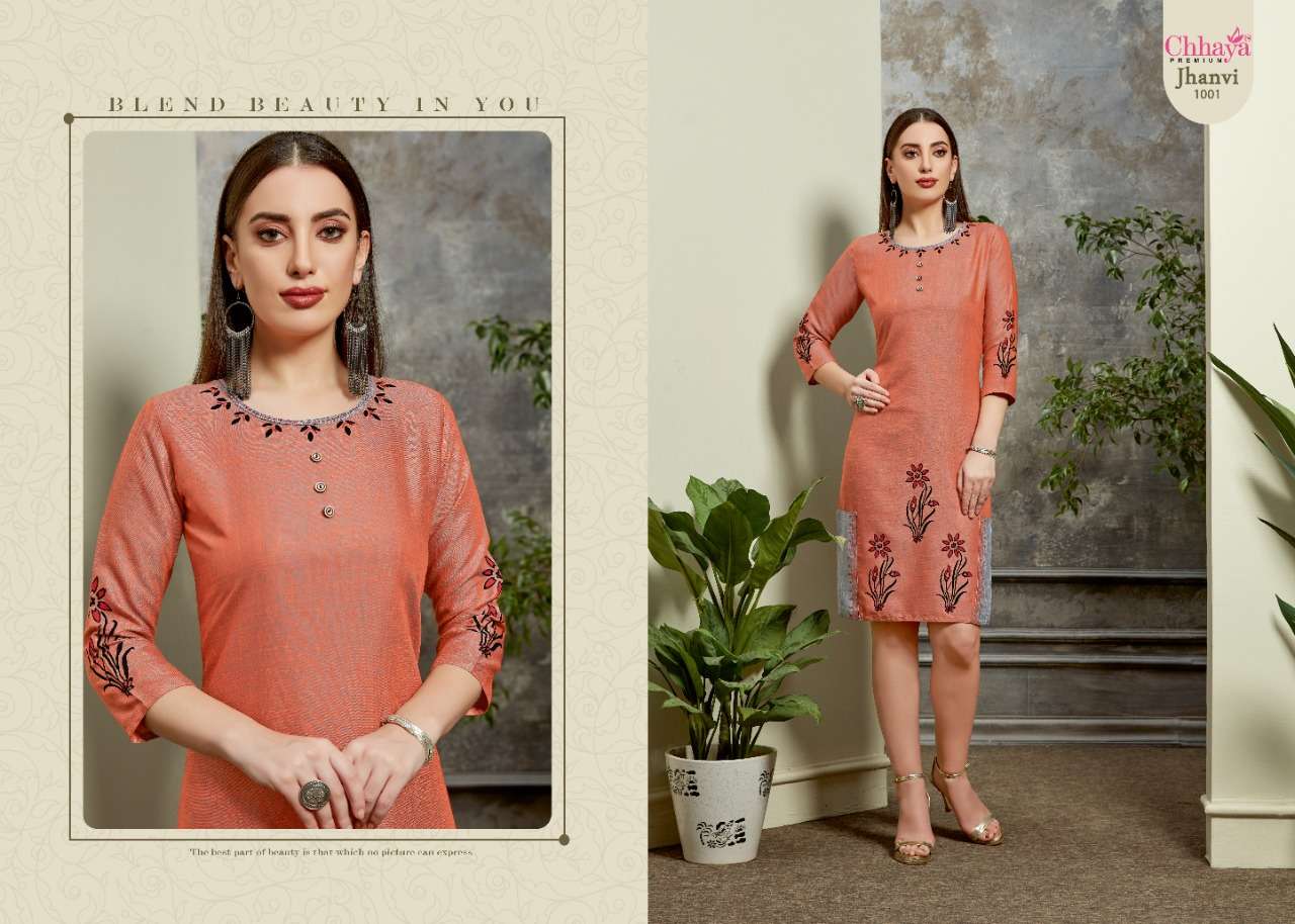 JHANVI BY CHHAYA 1001 TO 1009 SERIES STYLISH FANCY BEAUTIFUL COLORFUL CASUAL WEAR & ETHNIC WEAR HEAVY RAYON TWO TONE KURTIS AT WHOLESALE PRICE