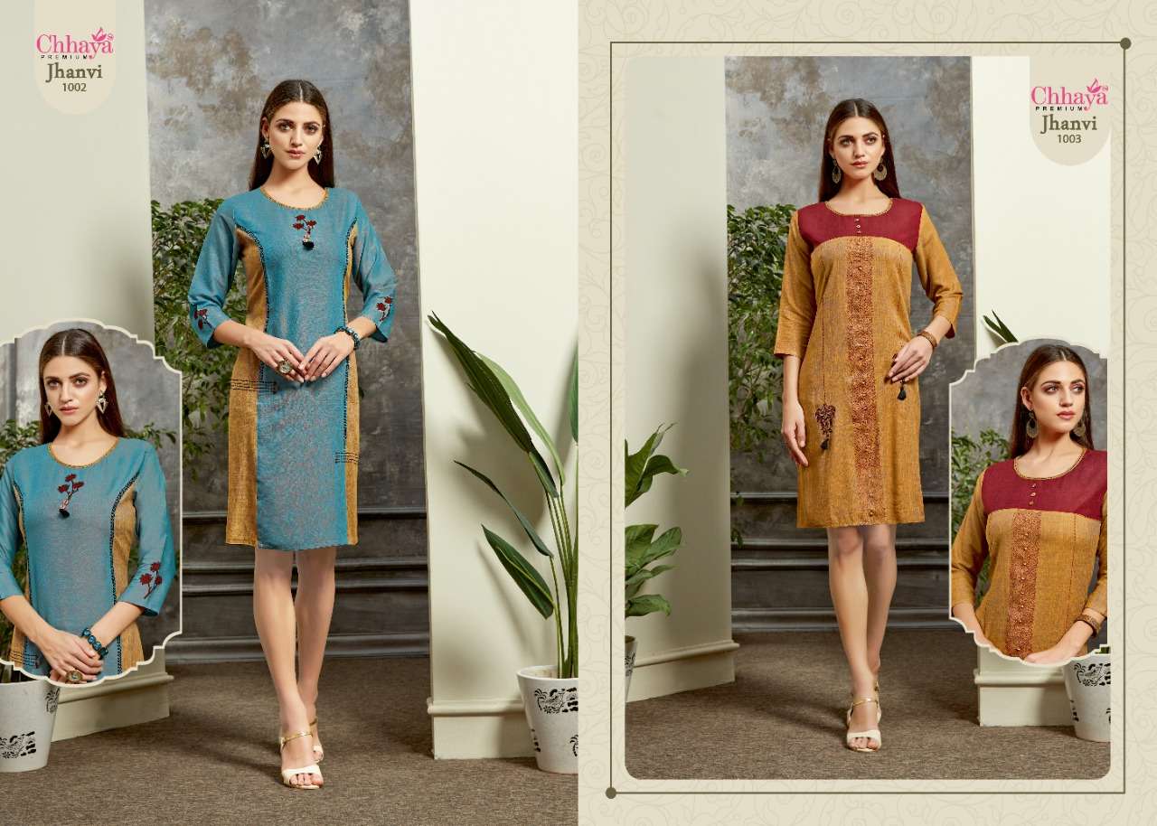 JHANVI BY CHHAYA 1001 TO 1009 SERIES STYLISH FANCY BEAUTIFUL COLORFUL CASUAL WEAR & ETHNIC WEAR HEAVY RAYON TWO TONE KURTIS AT WHOLESALE PRICE