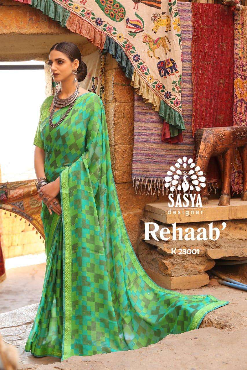 REHAAB BY SASYA DESIGNER 23001 TO 23010 SERIES INDIAN TRADITIONAL WEAR COLLECTION BEAUTIFUL STYLISH FANCY COLORFUL PARTY WEAR & OCCASIONAL WEAR BRASSSO PRINTED SAREES AT WHOLESALE PRICE