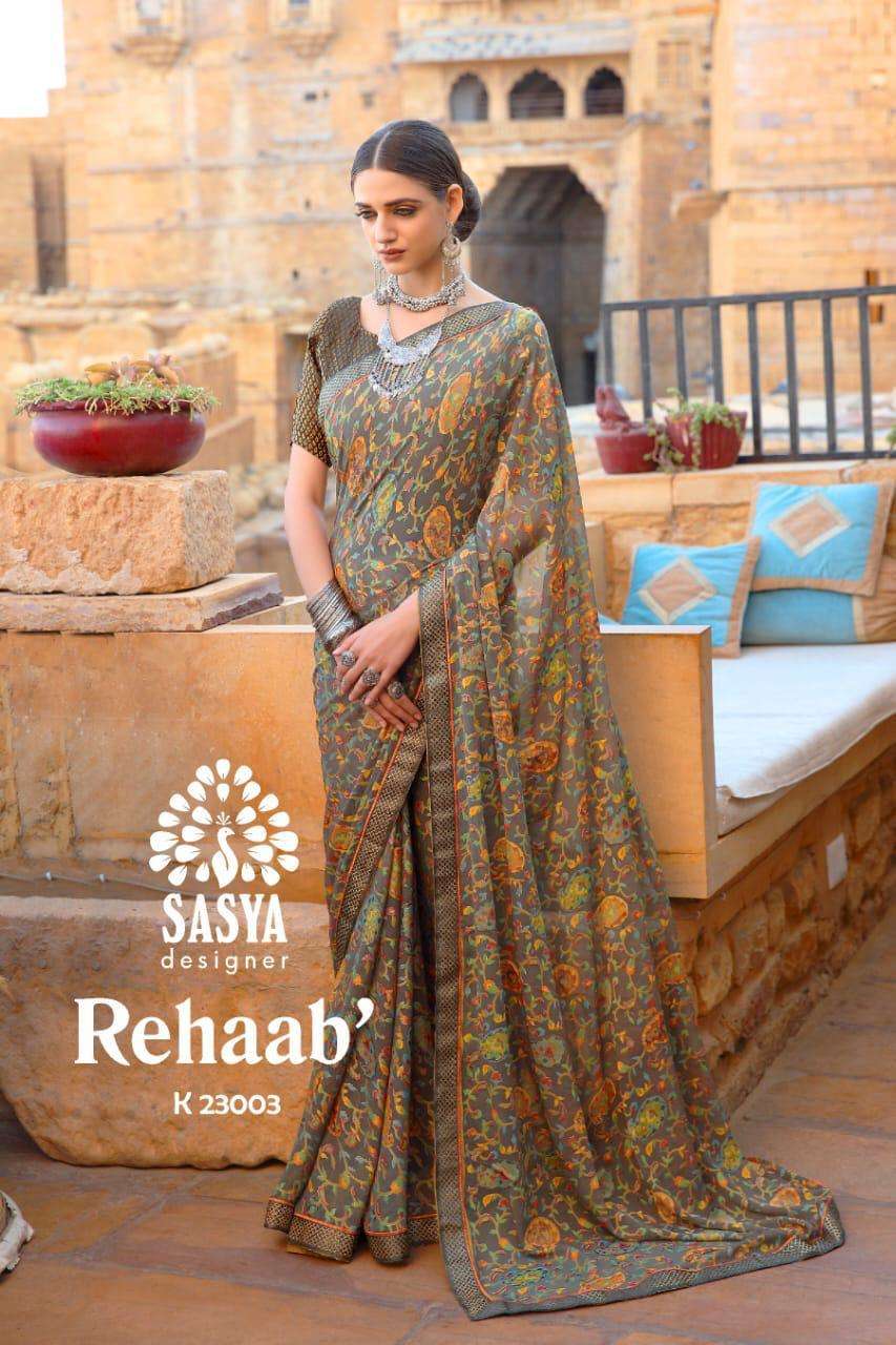 REHAAB BY SASYA DESIGNER 23001 TO 23010 SERIES INDIAN TRADITIONAL WEAR COLLECTION BEAUTIFUL STYLISH FANCY COLORFUL PARTY WEAR & OCCASIONAL WEAR BRASSSO PRINTED SAREES AT WHOLESALE PRICE