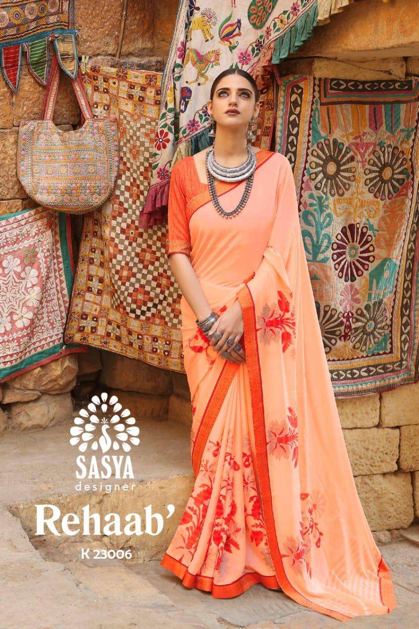 REHAAB BY SASYA DESIGNER 23001 TO 23010 SERIES INDIAN TRADITIONAL WEAR COLLECTION BEAUTIFUL STYLISH FANCY COLORFUL PARTY WEAR & OCCASIONAL WEAR BRASSSO PRINTED SAREES AT WHOLESALE PRICE