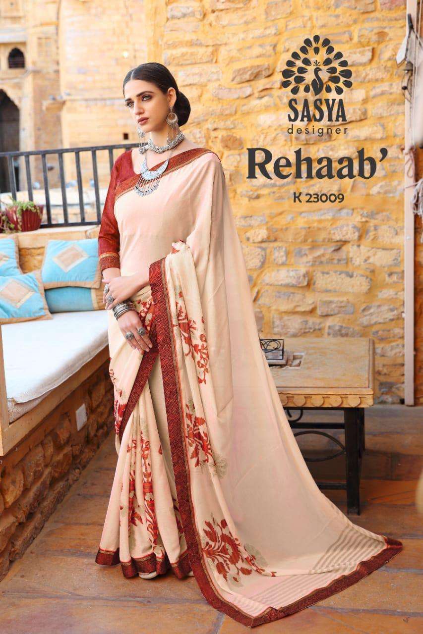 REHAAB BY SASYA DESIGNER 23001 TO 23010 SERIES INDIAN TRADITIONAL WEAR COLLECTION BEAUTIFUL STYLISH FANCY COLORFUL PARTY WEAR & OCCASIONAL WEAR BRASSSO PRINTED SAREES AT WHOLESALE PRICE