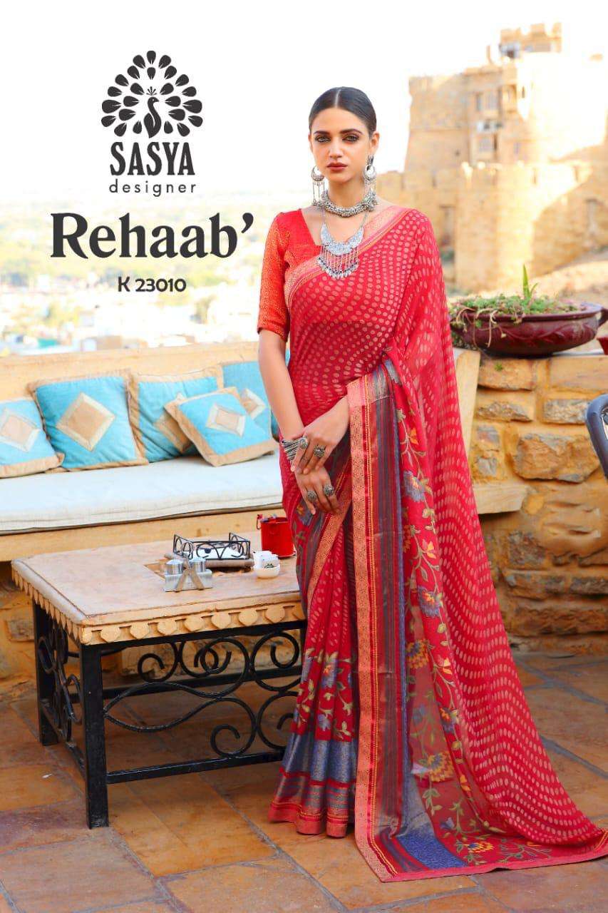REHAAB BY SASYA DESIGNER 23001 TO 23010 SERIES INDIAN TRADITIONAL WEAR COLLECTION BEAUTIFUL STYLISH FANCY COLORFUL PARTY WEAR & OCCASIONAL WEAR BRASSSO PRINTED SAREES AT WHOLESALE PRICE