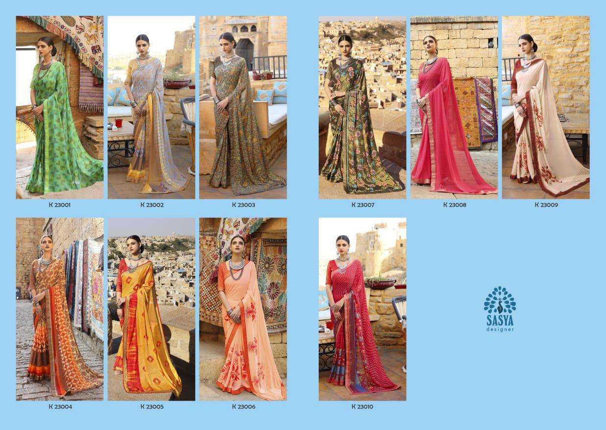 REHAAB BY SASYA DESIGNER 23001 TO 23010 SERIES INDIAN TRADITIONAL WEAR COLLECTION BEAUTIFUL STYLISH FANCY COLORFUL PARTY WEAR & OCCASIONAL WEAR BRASSSO PRINTED SAREES AT WHOLESALE PRICE