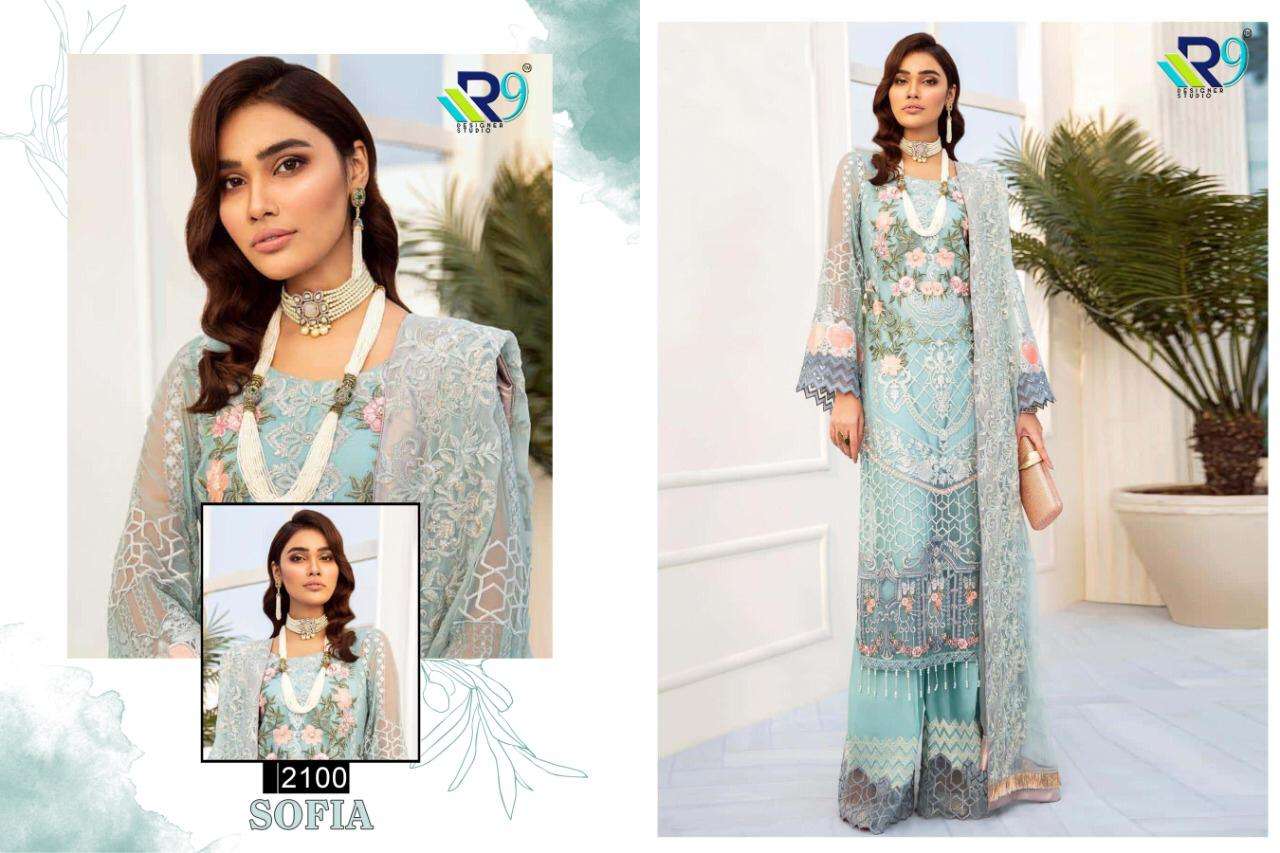 SOFIA BY R9 2100 TO 2103 SERIES BEAUTIFUL STYLISH SHARARA SUITS FANCY COLORFUL CASUAL WEAR & ETHNIC WEAR & READY TO WEAR NET WITH HEAVY EMBROIDERY DRESSES AT WHOLESALE PRICE