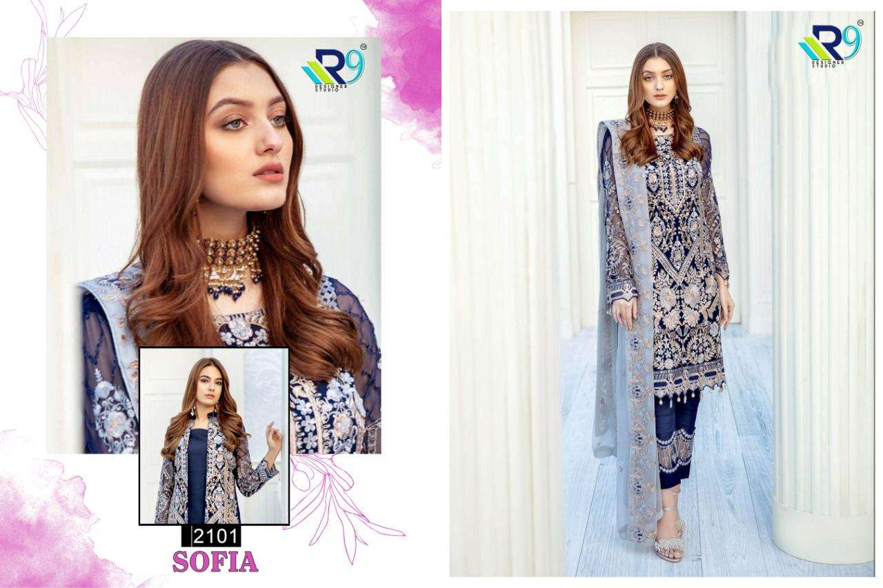 SOFIA BY R9 2100 TO 2103 SERIES BEAUTIFUL STYLISH SHARARA SUITS FANCY COLORFUL CASUAL WEAR & ETHNIC WEAR & READY TO WEAR NET WITH HEAVY EMBROIDERY DRESSES AT WHOLESALE PRICE