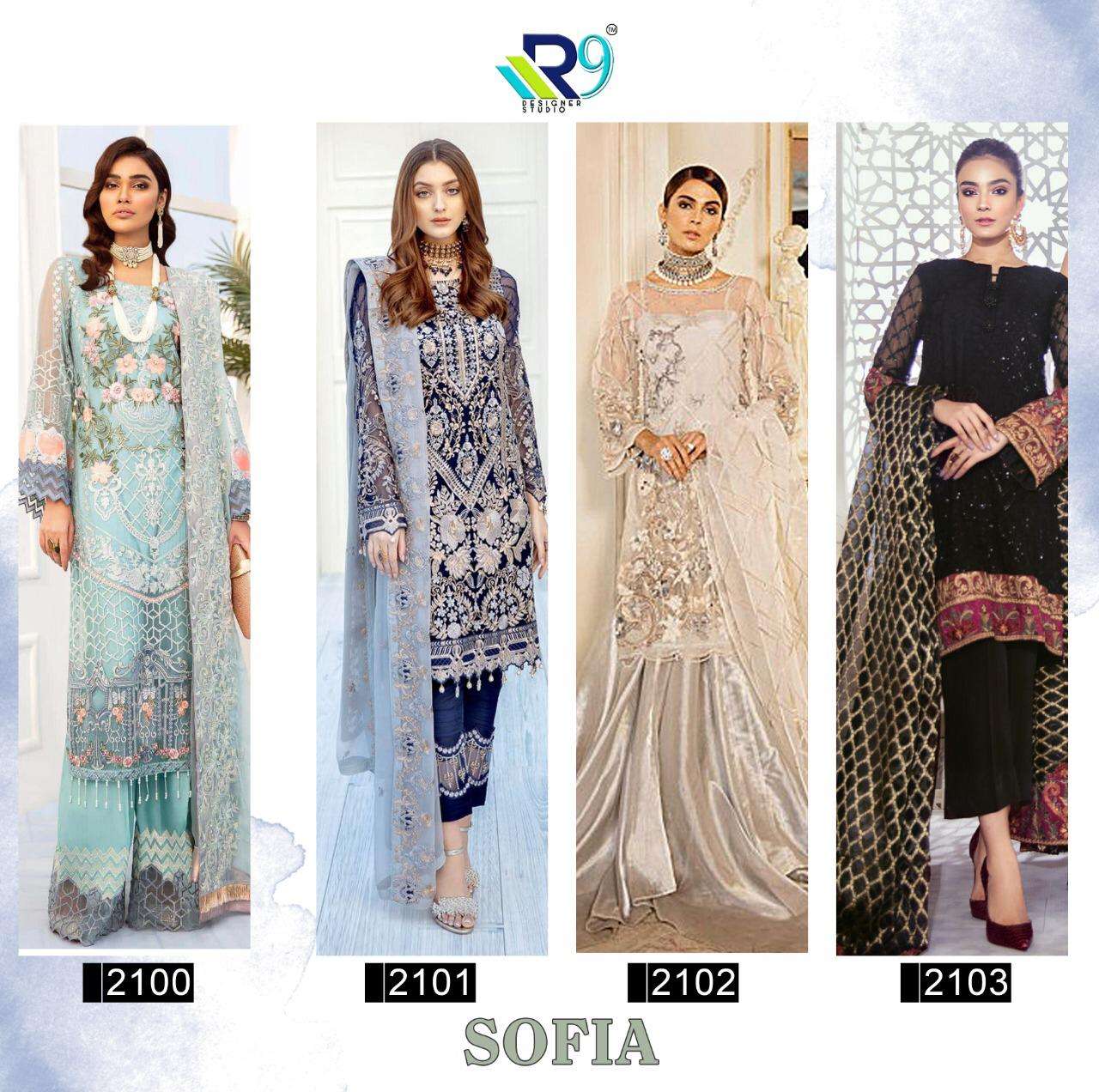 SOFIA BY R9 2100 TO 2103 SERIES BEAUTIFUL STYLISH SHARARA SUITS FANCY COLORFUL CASUAL WEAR & ETHNIC WEAR & READY TO WEAR NET WITH HEAVY EMBROIDERY DRESSES AT WHOLESALE PRICE