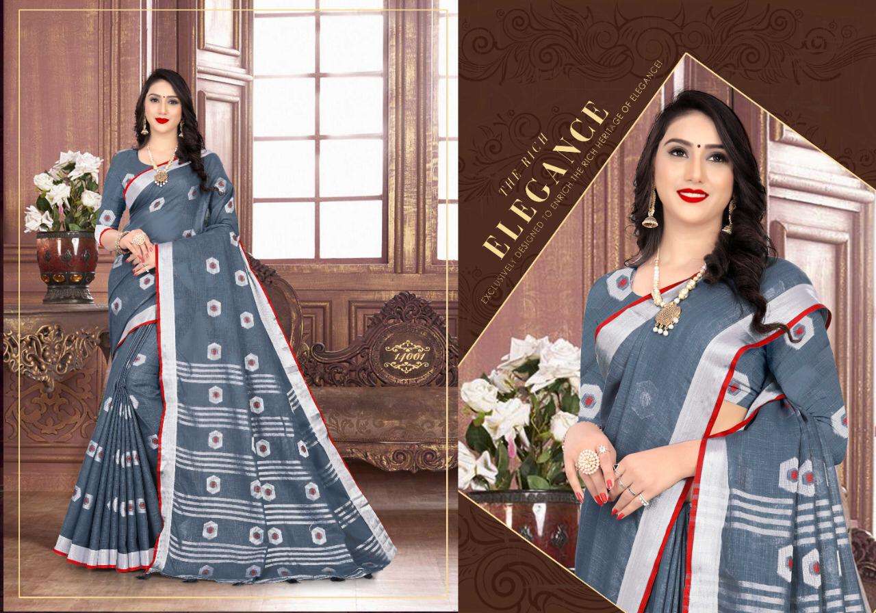 BAAGHI VOL-3 BY VRANDA FASHION 14001 TO 14008 SERIES INDIAN TRADITIONAL WEAR COLLECTION BEAUTIFUL STYLISH FANCY COLORFUL PARTY WEAR & OCCASIONAL WEAR LINEN JACQUARD SAREES AT WHOLESALE PRICE