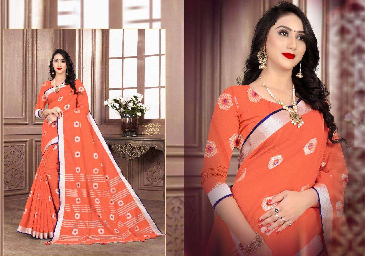 BAAGHI VOL-3 BY VRANDA FASHION 14001 TO 14008 SERIES INDIAN TRADITIONAL WEAR COLLECTION BEAUTIFUL STYLISH FANCY COLORFUL PARTY WEAR & OCCASIONAL WEAR LINEN JACQUARD SAREES AT WHOLESALE PRICE
