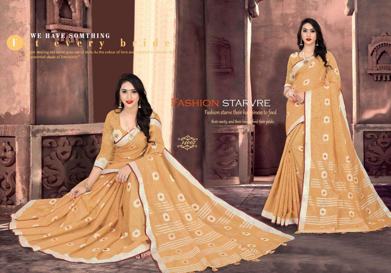 BAAGHI VOL-3 BY VRANDA FASHION 14001 TO 14008 SERIES INDIAN TRADITIONAL WEAR COLLECTION BEAUTIFUL STYLISH FANCY COLORFUL PARTY WEAR & OCCASIONAL WEAR LINEN JACQUARD SAREES AT WHOLESALE PRICE