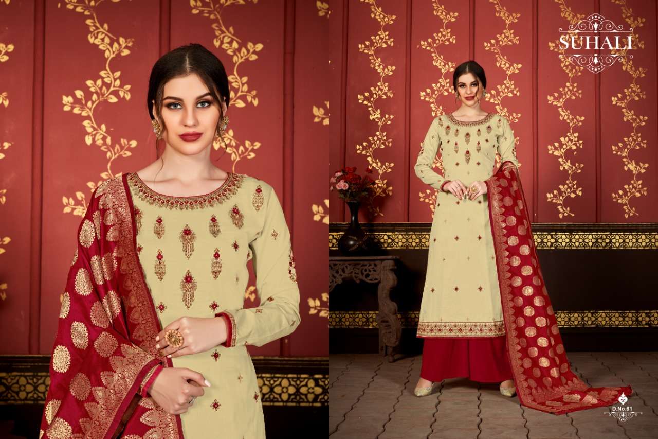 BELA BY SUHALI 61 TO 64 SERIES BEAUTIFUL STYLISH SUITS FANCY COLORFUL CASUAL WEAR & ETHNIC WEAR & READY TO WEAR JAM SATIN WITH EMBROIDERY DRESSES AT WHOLESALE PRICE