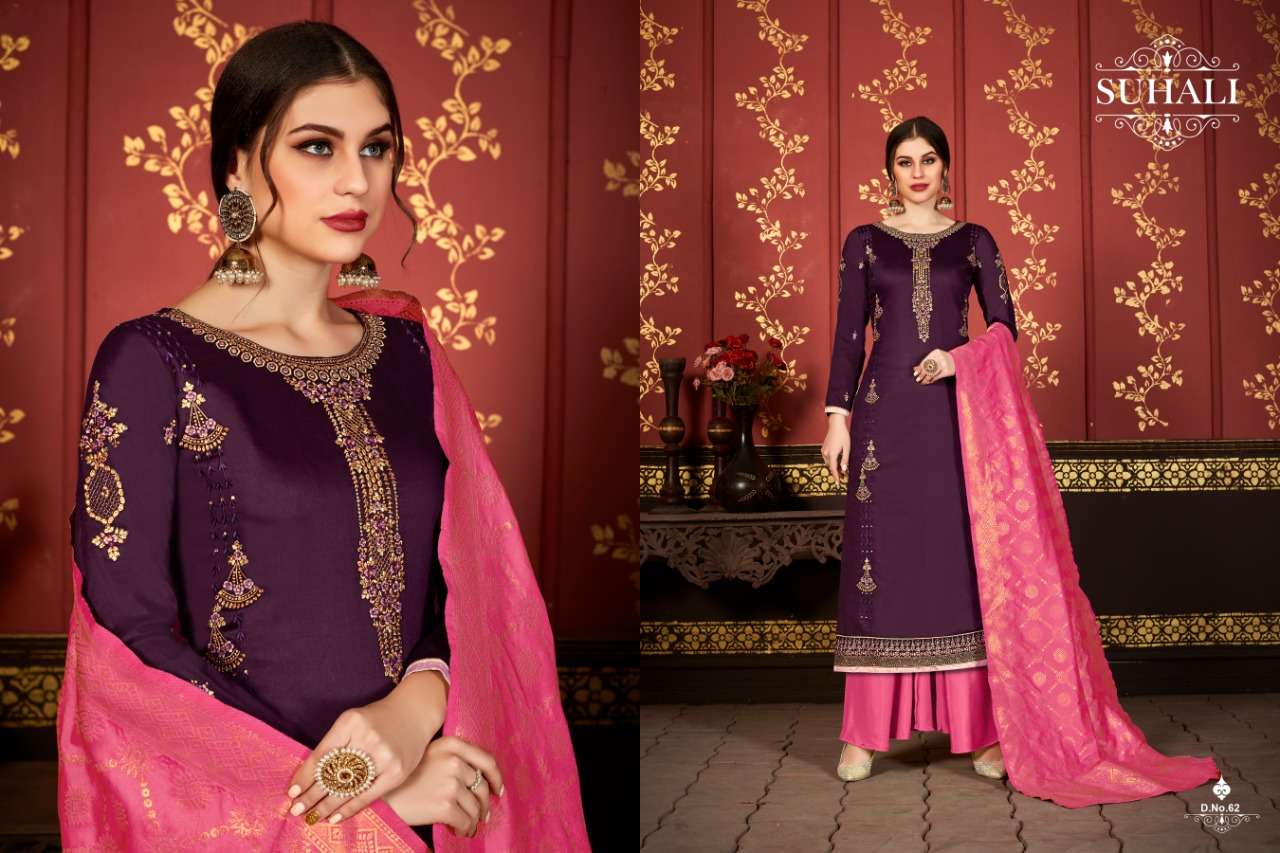 BELA BY SUHALI 61 TO 64 SERIES BEAUTIFUL STYLISH SUITS FANCY COLORFUL CASUAL WEAR & ETHNIC WEAR & READY TO WEAR JAM SATIN WITH EMBROIDERY DRESSES AT WHOLESALE PRICE
