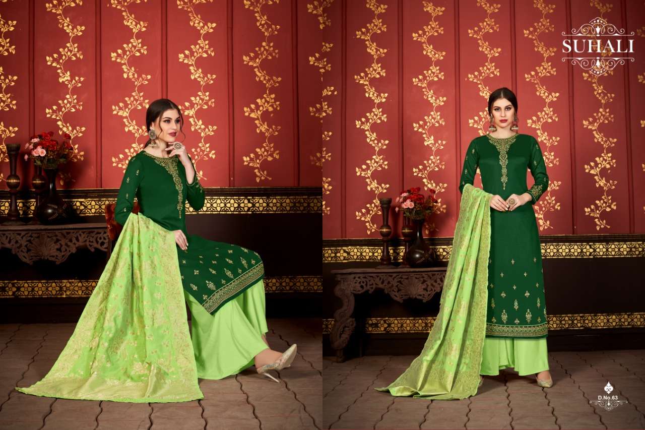 BELA BY SUHALI 61 TO 64 SERIES BEAUTIFUL STYLISH SUITS FANCY COLORFUL CASUAL WEAR & ETHNIC WEAR & READY TO WEAR JAM SATIN WITH EMBROIDERY DRESSES AT WHOLESALE PRICE