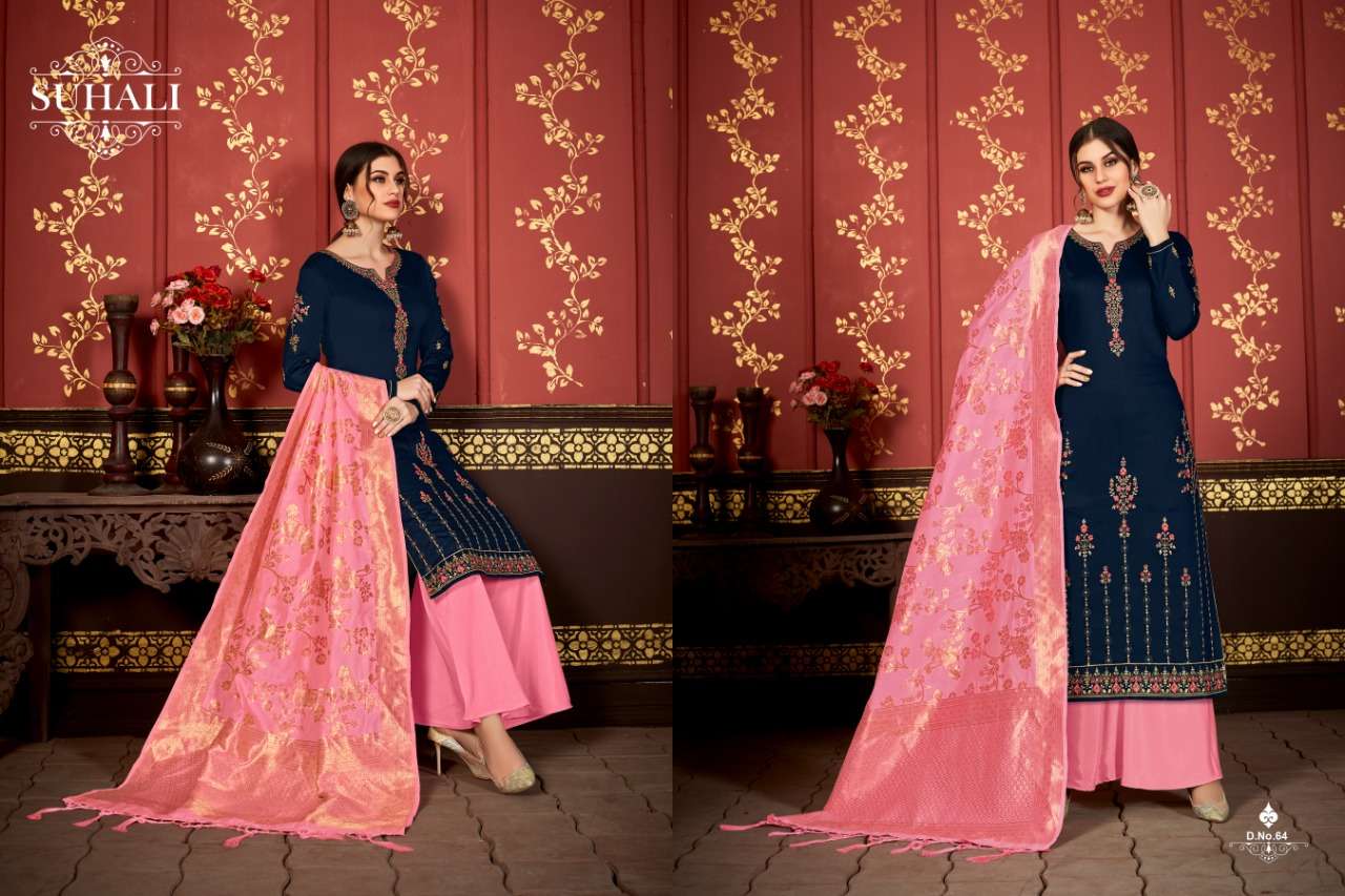 BELA BY SUHALI 61 TO 64 SERIES BEAUTIFUL STYLISH SUITS FANCY COLORFUL CASUAL WEAR & ETHNIC WEAR & READY TO WEAR JAM SATIN WITH EMBROIDERY DRESSES AT WHOLESALE PRICE