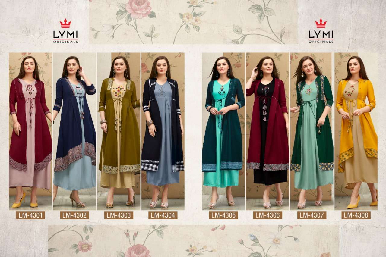 HALL MARK BY LYMI ORIGINAL 4301 TO 4308 SERIES STYLISH FANCY BEAUTIFUL COLORFUL CASUAL WEAR & ETHNIC WEAR HAND WORK RAYON KURTIS AT WHOLESALE PRICE