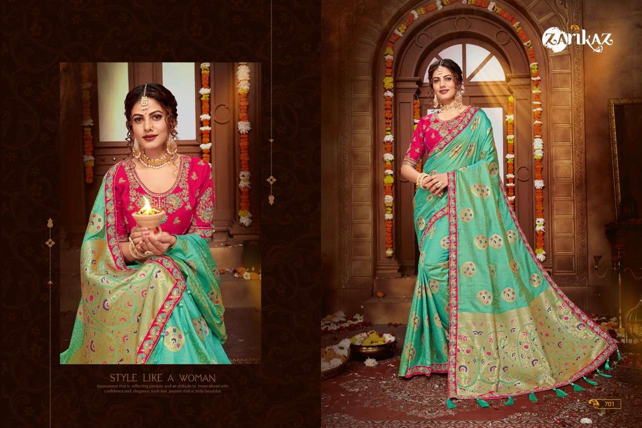 RAJVEE VOL-7 BY ZARIKAZ 701 TO 706 SERIES INDIAN TRADITIONAL WEAR COLLECTION BEAUTIFUL STYLISH FANCY COLORFUL PARTY WEAR & OCCASIONAL WEAR BANARASI SILK EMBROIDERED SAREES AT WHOLESALE PRICE